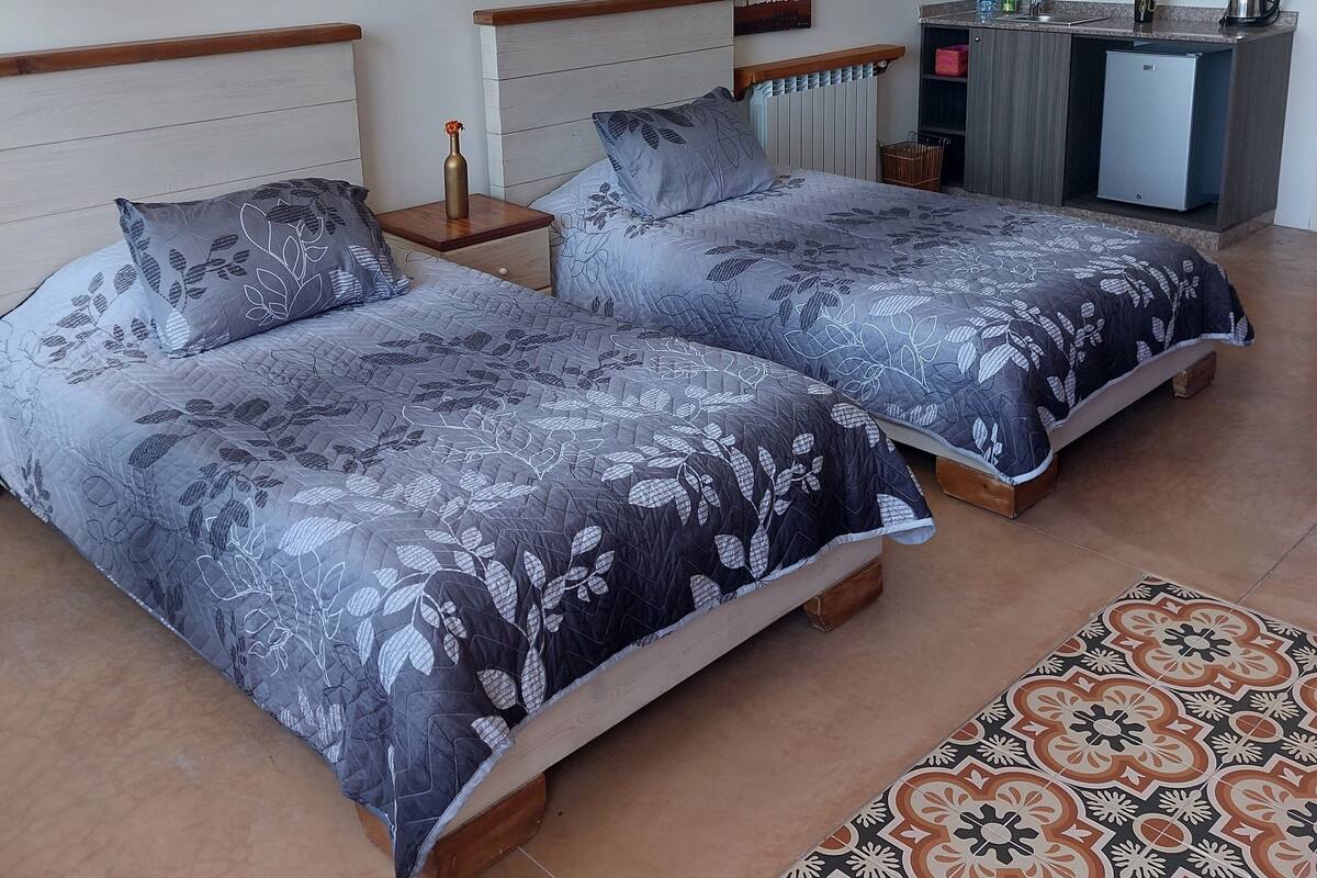 A bedroom with two beds, a small kitchenette, and a large window.