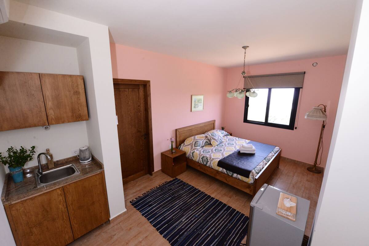 A bedroom with a bed, a nightstand, a dresser, a window, and a small kitchenette with a sink and a coffee maker.