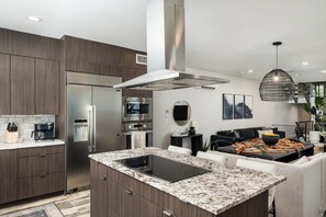 Fridge, microwave, oven, stovetop - Luxury LoHi Denver Home With Hot Tub & Sauna • On Bike Trail • 25m to Red Rocks (Denver)