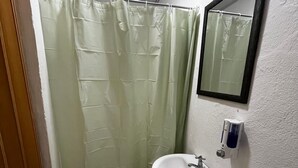 Un baño con cortina de ducha, lavabo, espejo y dispensador de jabón.
