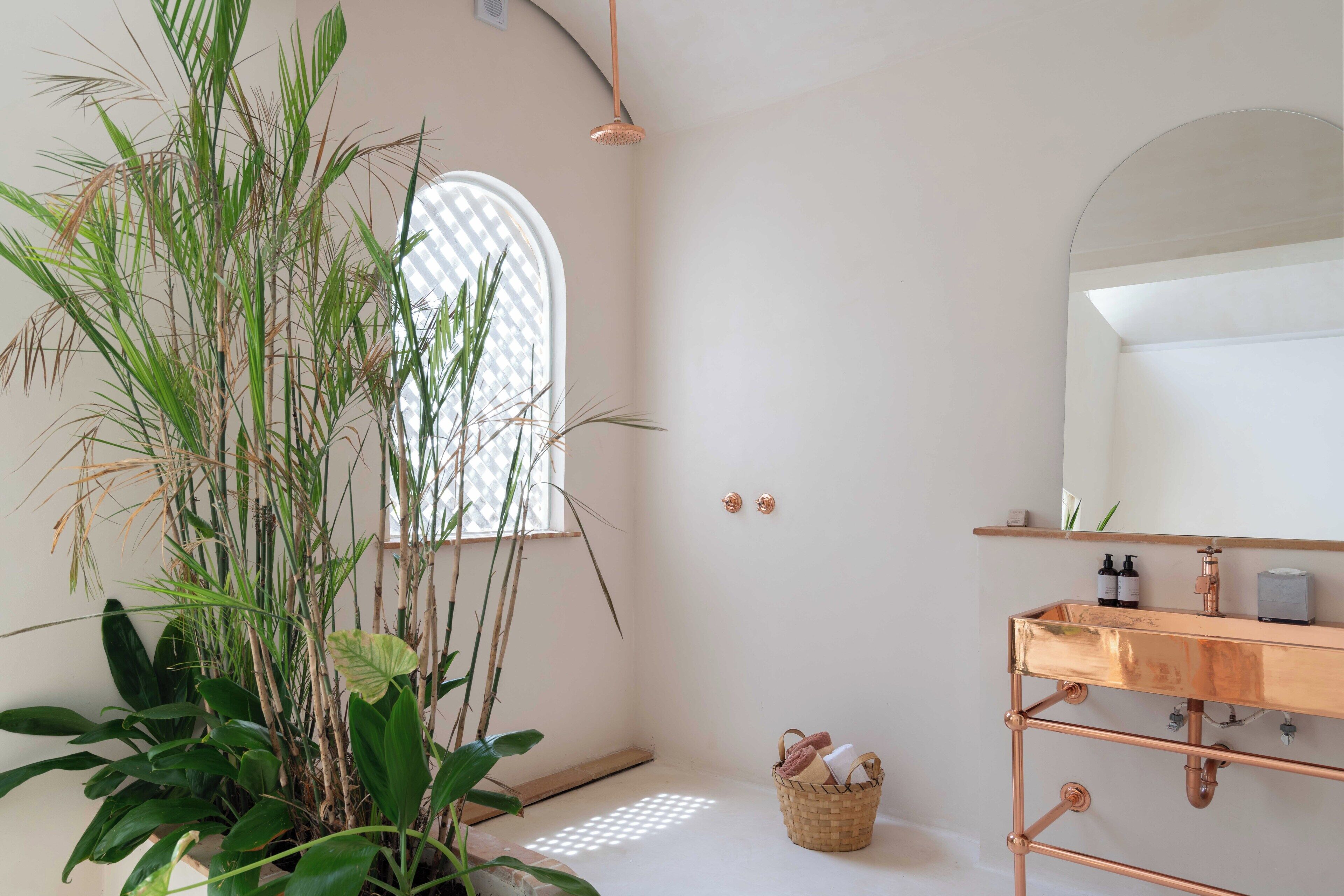 Une salle de bain avec un lavabo en cuivre, un miroir, une douche et une plante en pot.