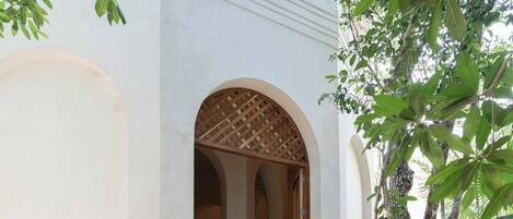 A set of stone steps leading to an arched doorway with a woven ceiling, surrounded by greenery.