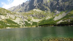 Paisaje montañoso con un lago cristalino, terreno rocoso y vegetación verde.
