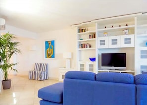 Een smart-tv, een open haard en boeken