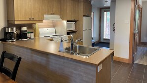 Eine moderne Küche mit Holzschränken, einer Edelstahl-Spüle, einem Herd und einem Kühlschrank.