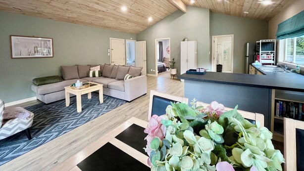 Una sala de estar moderna con sofá, una mesa de centro y una cocina con pileta y alacenas.