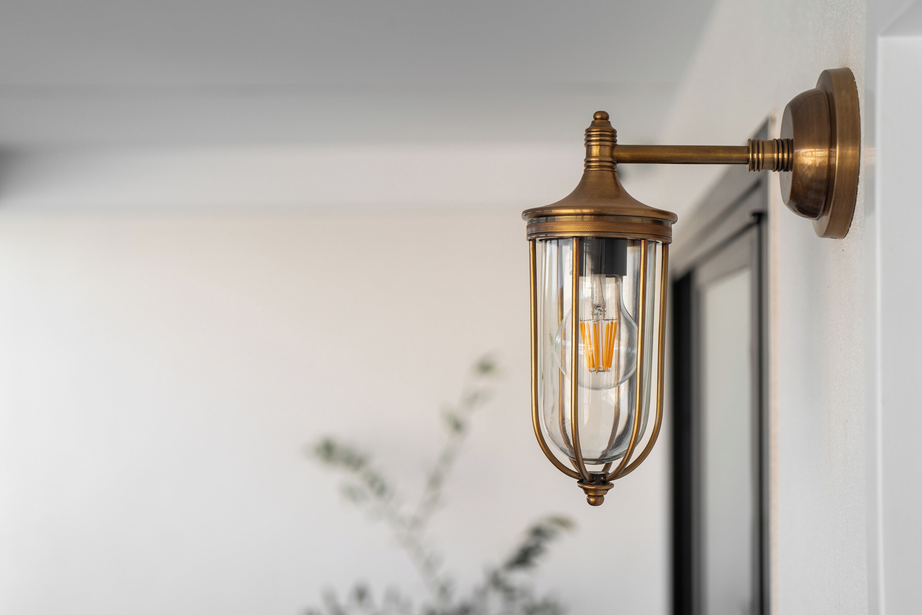 A wall-mounted light fixture with a clear glass enclosure and a brass finish.