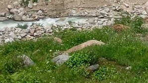 A mountainous area with a rocky stream, a few buildings, and a white car parked on a slope.