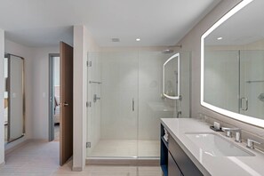 Combined shower/bathtub, hair dryer, towels