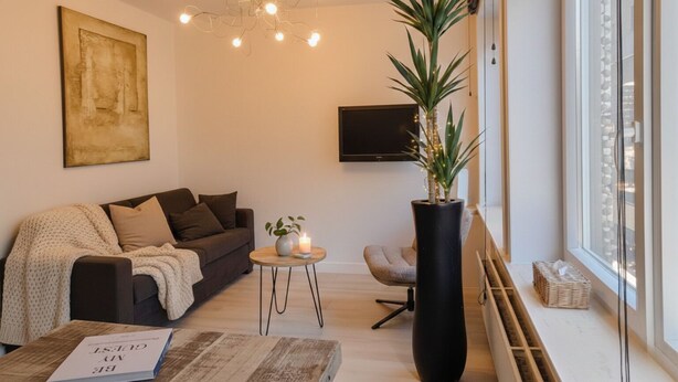 A modern living room with a sofa, a coffee table, a potted plant, a TV, and a large window. - Oostende Luxe Appartement in het Centrum Voor 2 +2 (Oostende)