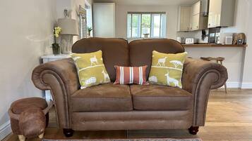 Smart TV, fireplace, books, stereo