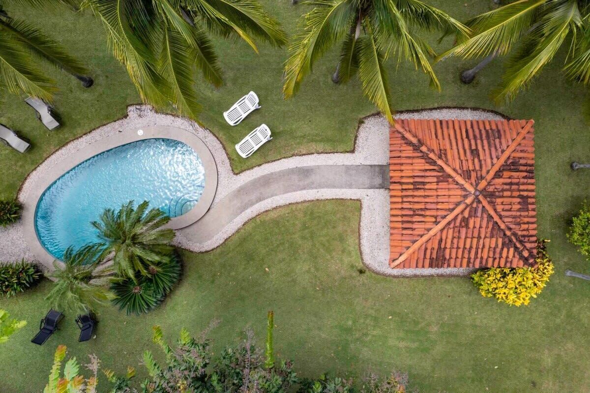 Vista aerea di un resort con piscina, lettini, palme e una zona patio piastrellata.