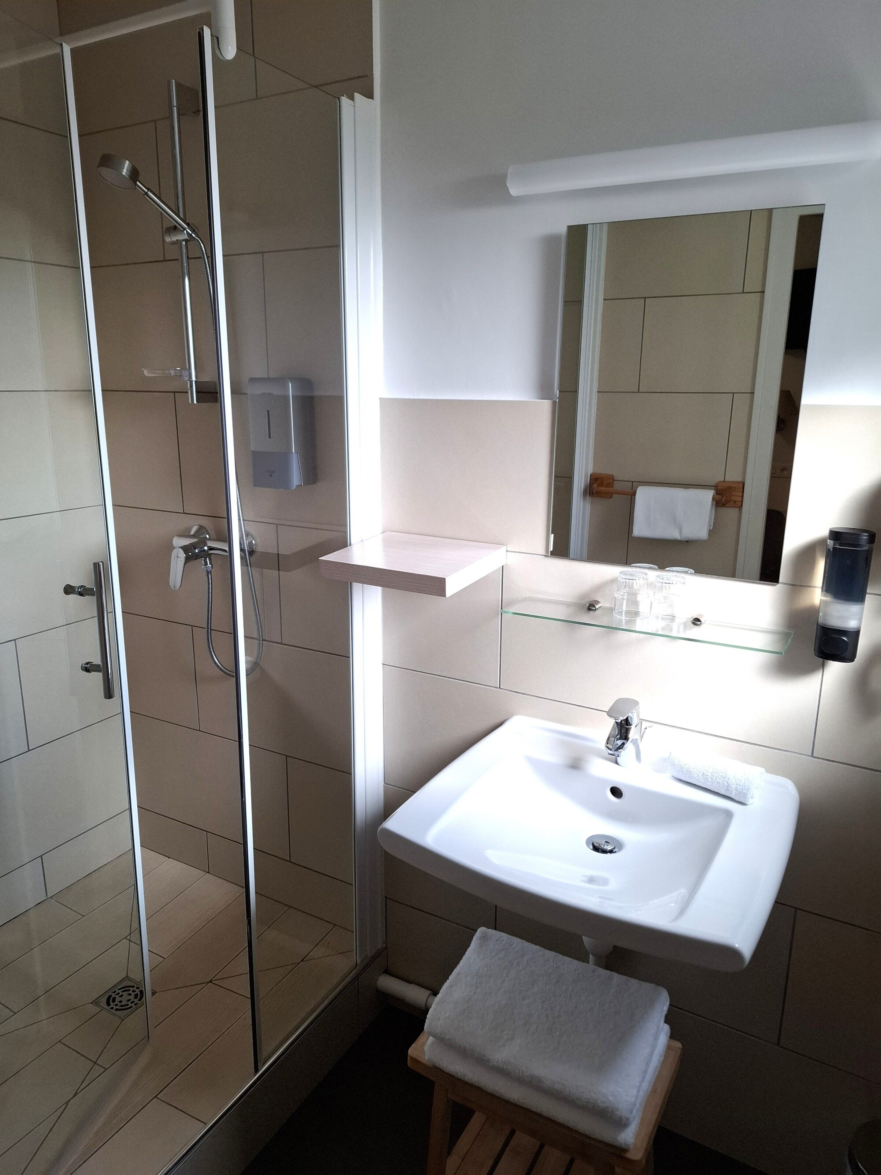 A modern bathroom with a glass shower enclosure, a white sink, and a mirror above the sink.
