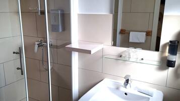 A modern bathroom with a glass shower enclosure, a white sink, and a mirror above the sink.
