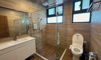 Ducha, cabezal de ducha tipo lluvia, secador de pelo, toallas