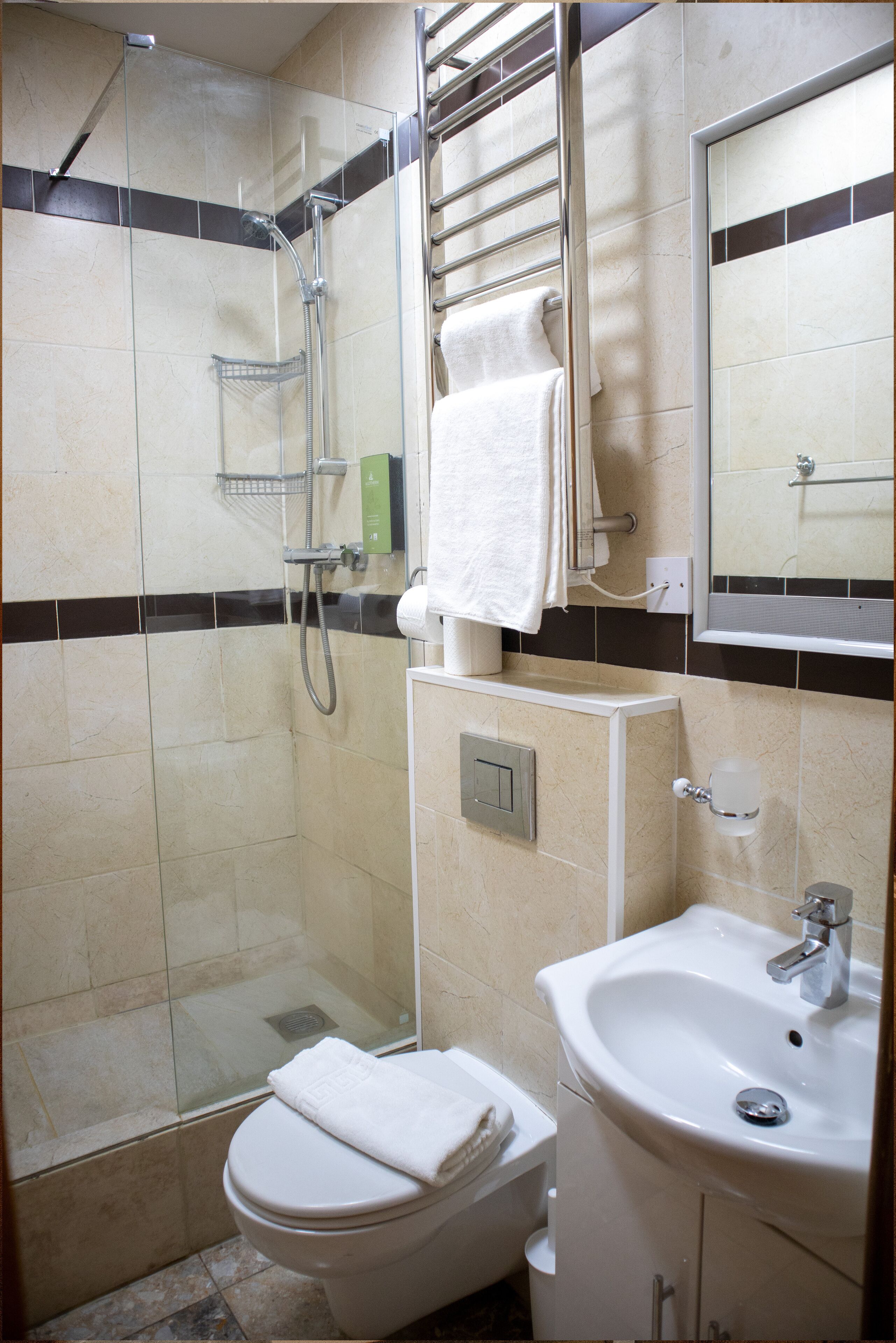 A bathroom with a glass-enclosed shower, a toilet, and a sink.