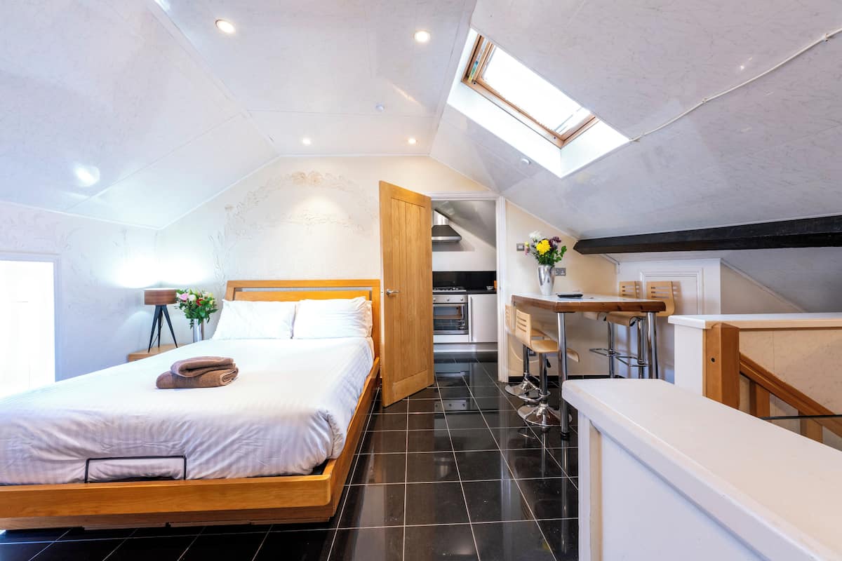 A modern bedroom with a wooden bed, a skylight, and a kitchenette in the background.