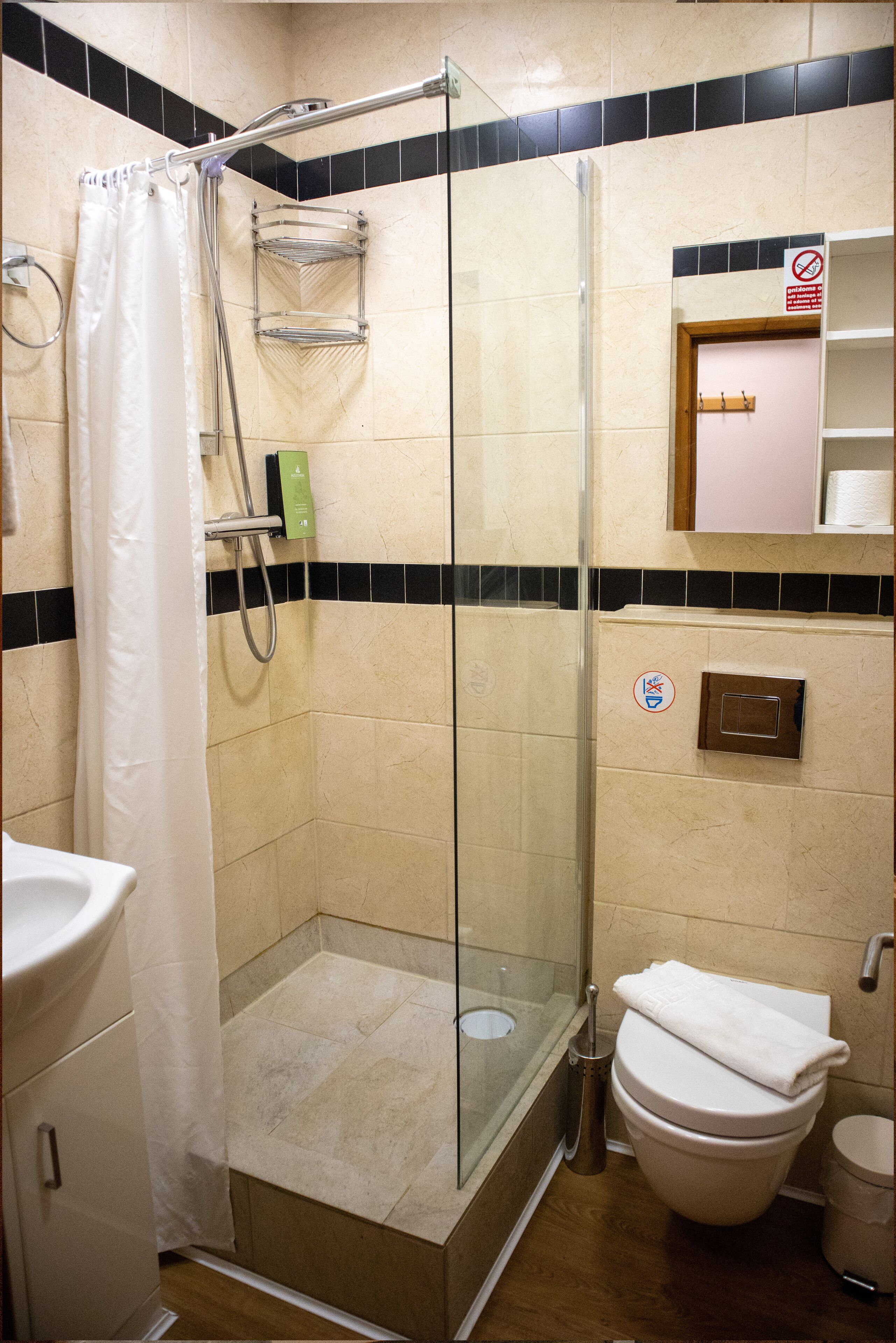 A bathroom with a glass-enclosed shower, a toilet, and a sink.