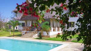 A poolside view of a house with a thatched roof, a staircase leading to a porch, and a clear blue pool.