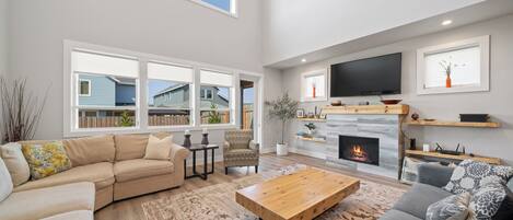 Smart TV, fireplace, books