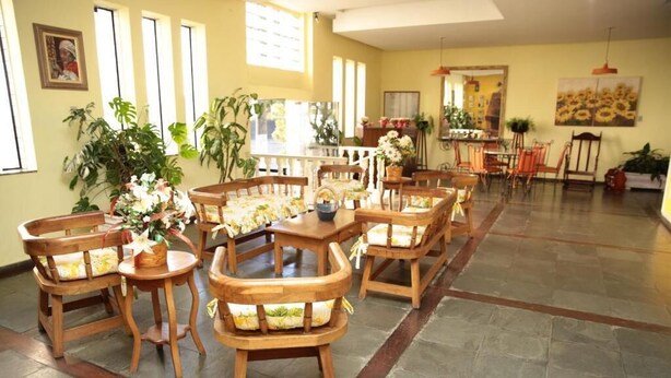 A spacious dining area with wooden chairs and tables, surrounded by large windows and potted plants. - HOTEL PLATINO (Sao Lourenco)