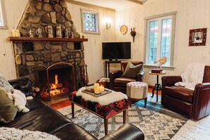 TV connectée, cheminée, lecteur de DVD, livres