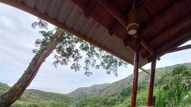 Une terrasse en bois avec un hamac et un drapeau, offrant une vue sur un paysage verdoyant et luxuriant.