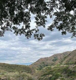 A landscape with a valley and hills, overcast sky, and sparse vegetation.