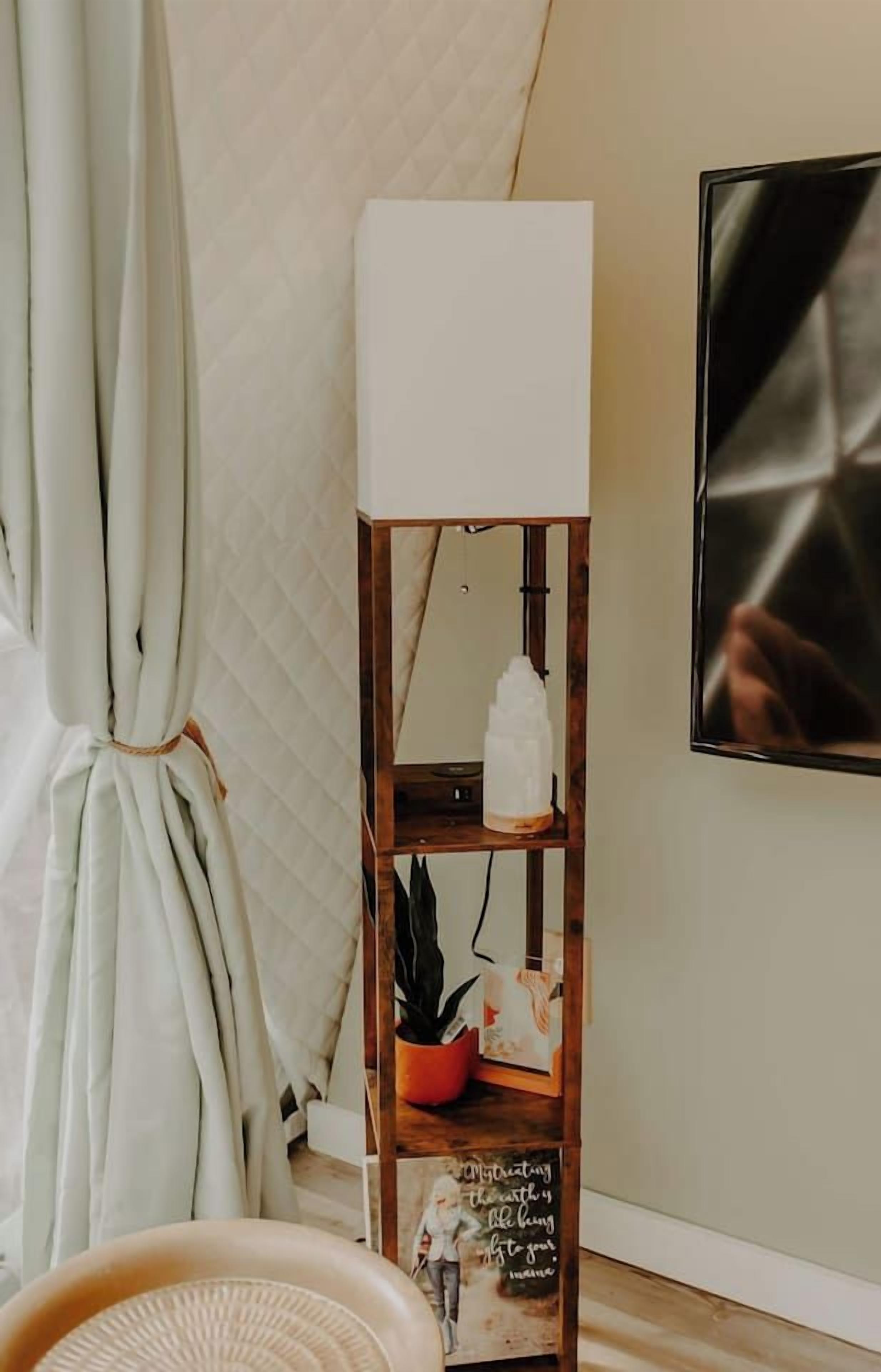 A room with a wooden shelf holding a white lamp, a potted plant, and a framed picture.