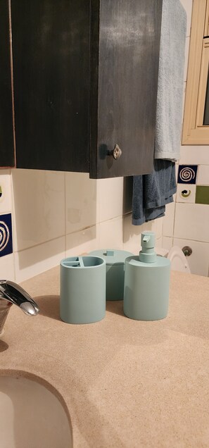 Hair dryer, towels, soap, shampoo