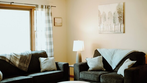 A living room with two sofas, a lamp, and a painting on the wall. - Charlotte's Cove - Right in the Heart of Amish Country (Millersburg)