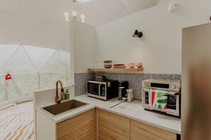 A compact kitchen with a sink, a microwave, a toaster, and a coffee maker. - Whispering Waters: Dome Getaway (Cosby)