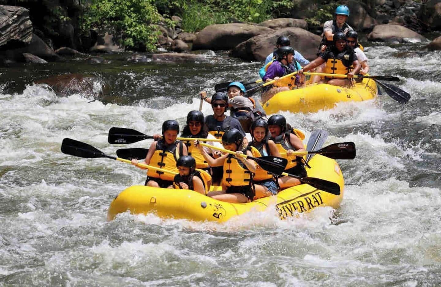 People rafting on a river in yellow rafts.