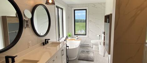 Hair dryer, bidet, towels, soap