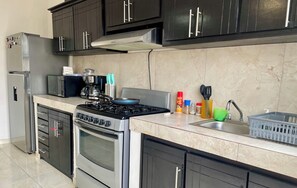 Fridge, microwave, oven, stovetop