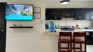 A modern kitchen with dark cabinets, a large water dispenser, a stove, and a TV displaying a scenic waterfall. - OFFER Excellent Private House, Garden, BBQ, Garage.  (Ciudad Valles)