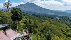 Eine gebirgige Landschaft mit einem markanten Gipfel, üppiger Vegetation und einem Gebäude mit rotem Dach und einem Balkon mit Blick auf das Tal.