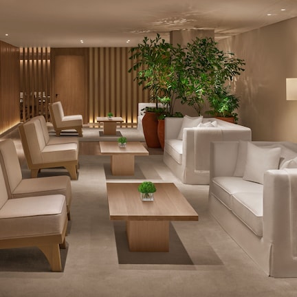 A modern lounge area with sofas, chairs, and a coffee table.