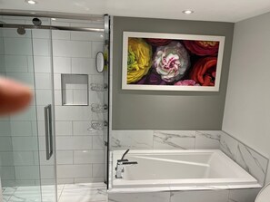 Shower, hair dryer, towels, soap