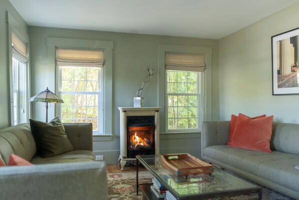 Smart TV, chimenea, libros y oficina 