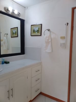 Regadera, toallas, jabón, papel de baño