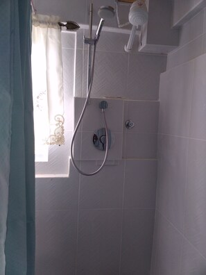 Shower, towels, soap, toilet paper