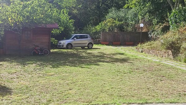 A grassy yard with a car parked near a wooden structure and a bicycle.