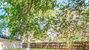 A backyard with a fire pit, two Adirondack chairs, and a tree.