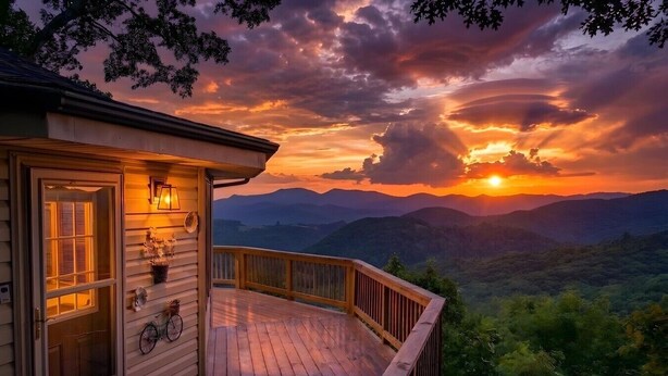 A wooden deck with a view of mountains and a sunset.