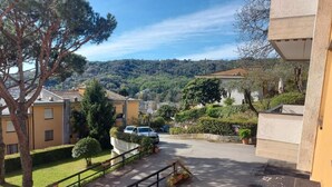 Un barrio residencial con un camino pavimentado, coches aparcados y vistas a un paisaje montañoso.