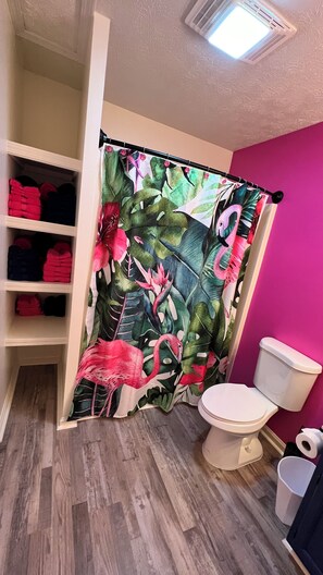 Hair dryer, towels, soap, shampoo