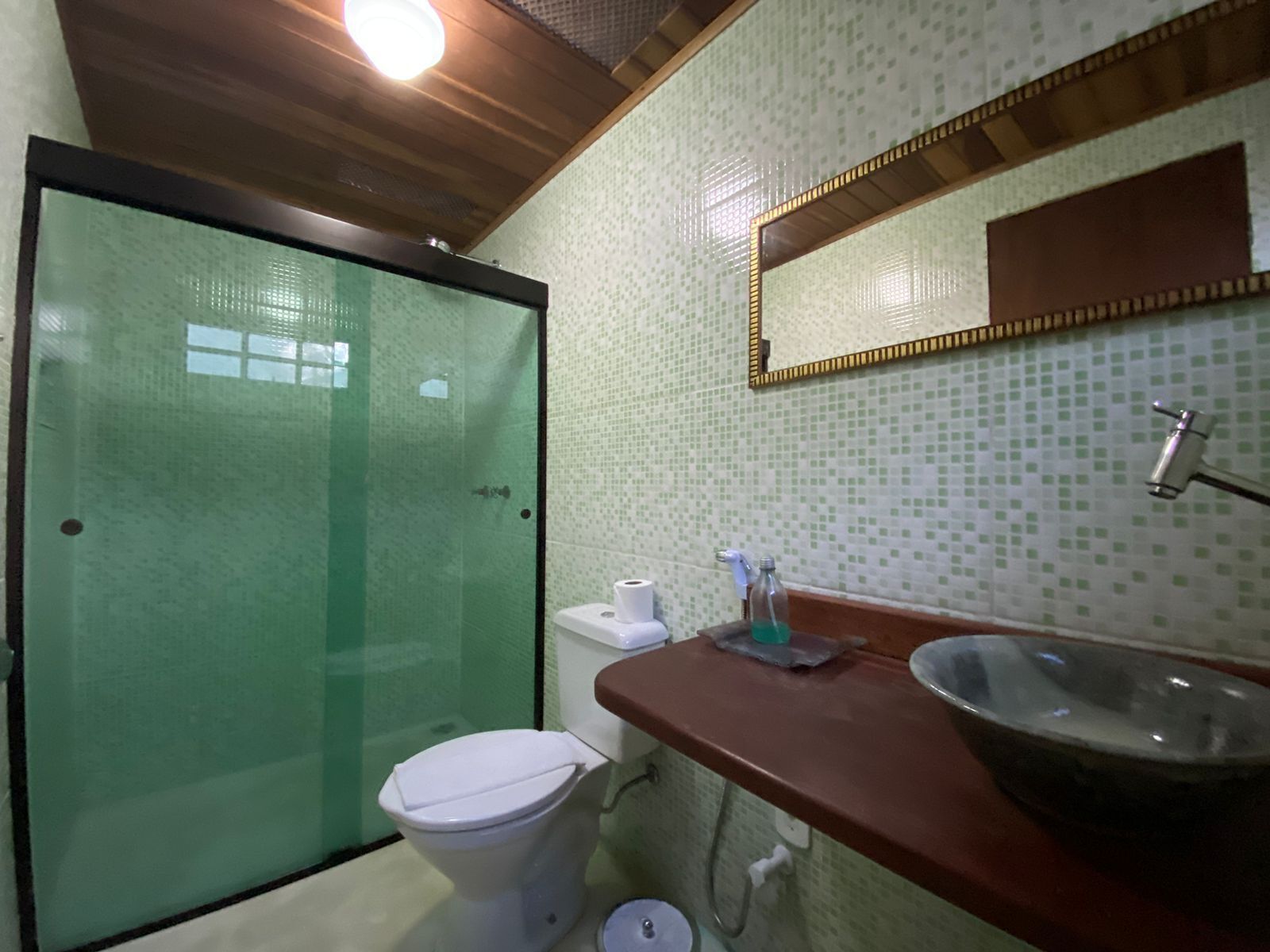 Un baño con ducha de vidrio, inodoro, lavabo con una pileta grande y espejo sobre el lavabo.