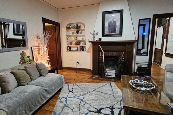 Smart TV, fireplace, books