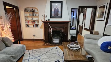 TV connectée, cheminée, livres